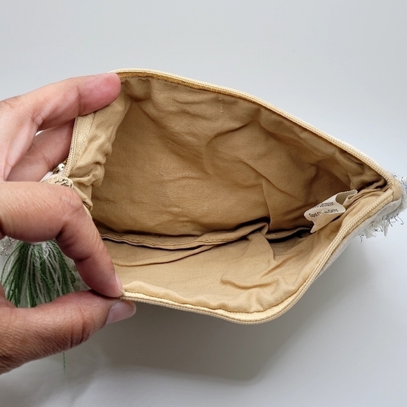 Fringe Beaded Sequins Tassle Cream Makeup Bag or Clutch Metallic Cotton Linen - Picture 6 of 9